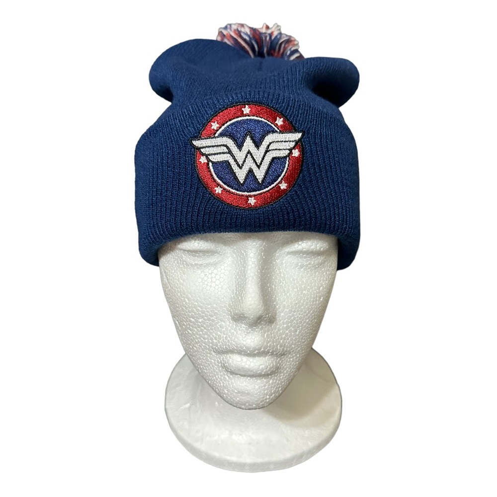 Wonder Woman Logo Blue Beanie with Pom Pom EUC